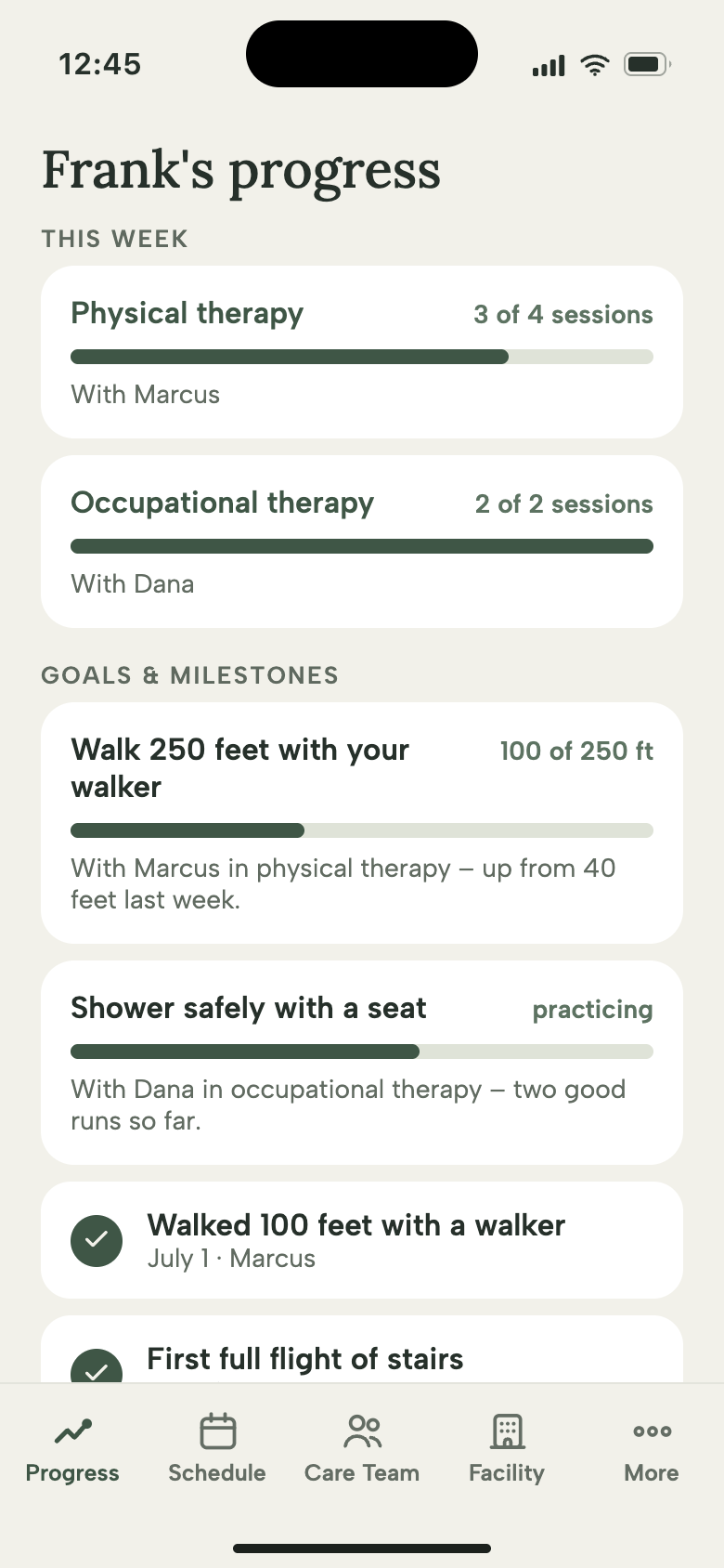 The family view of June Care, showing Frank's progress: therapy sessions this week, goals, and milestones
