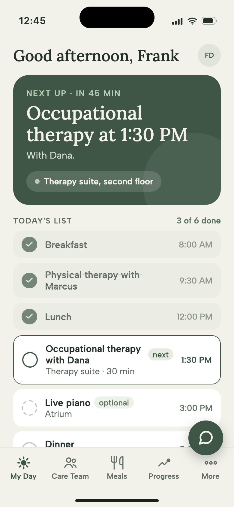 June Care home screen: today's schedule with therapy, meals, and activities checked off through the day